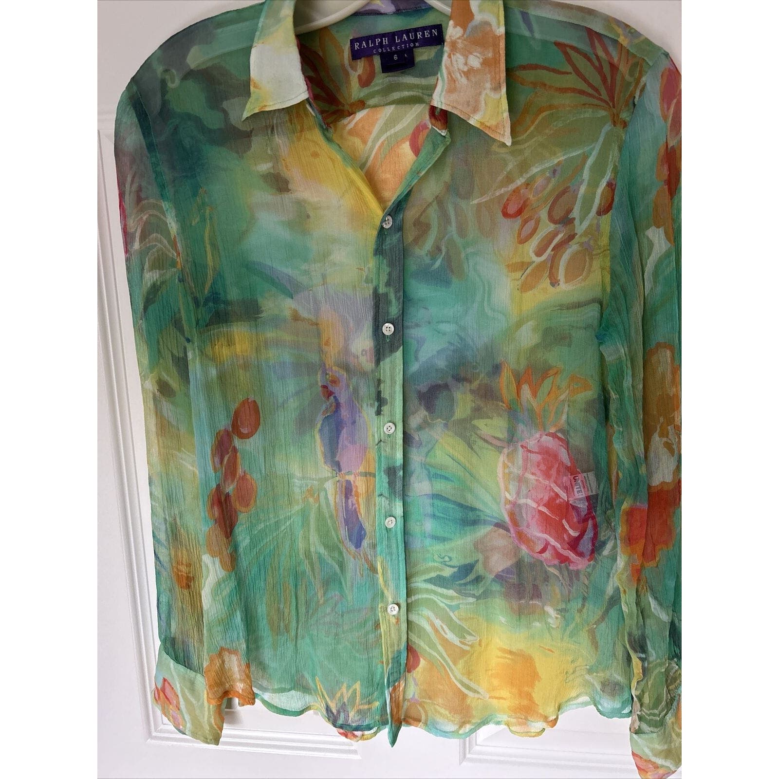 Ralph Lauren Multicolor Sheer Floral Silk Blouse Us 6 Long Sleeve